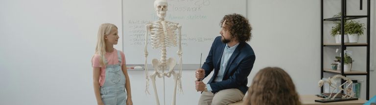 Male teacher showing skeleton to student in biology class