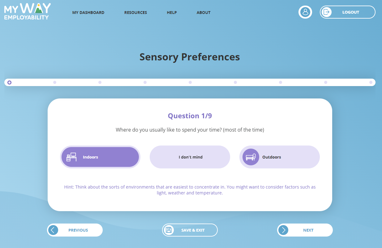 myWAY Employability Sensory Preferences question 1